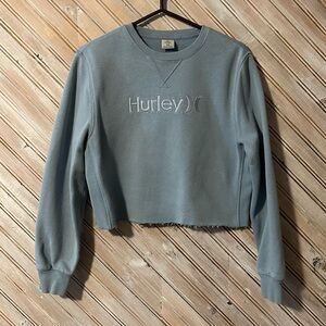 Hurley Baby Blue Embroidered Logo Cropped Pullover Sweater Cutoff Athletic Shirt